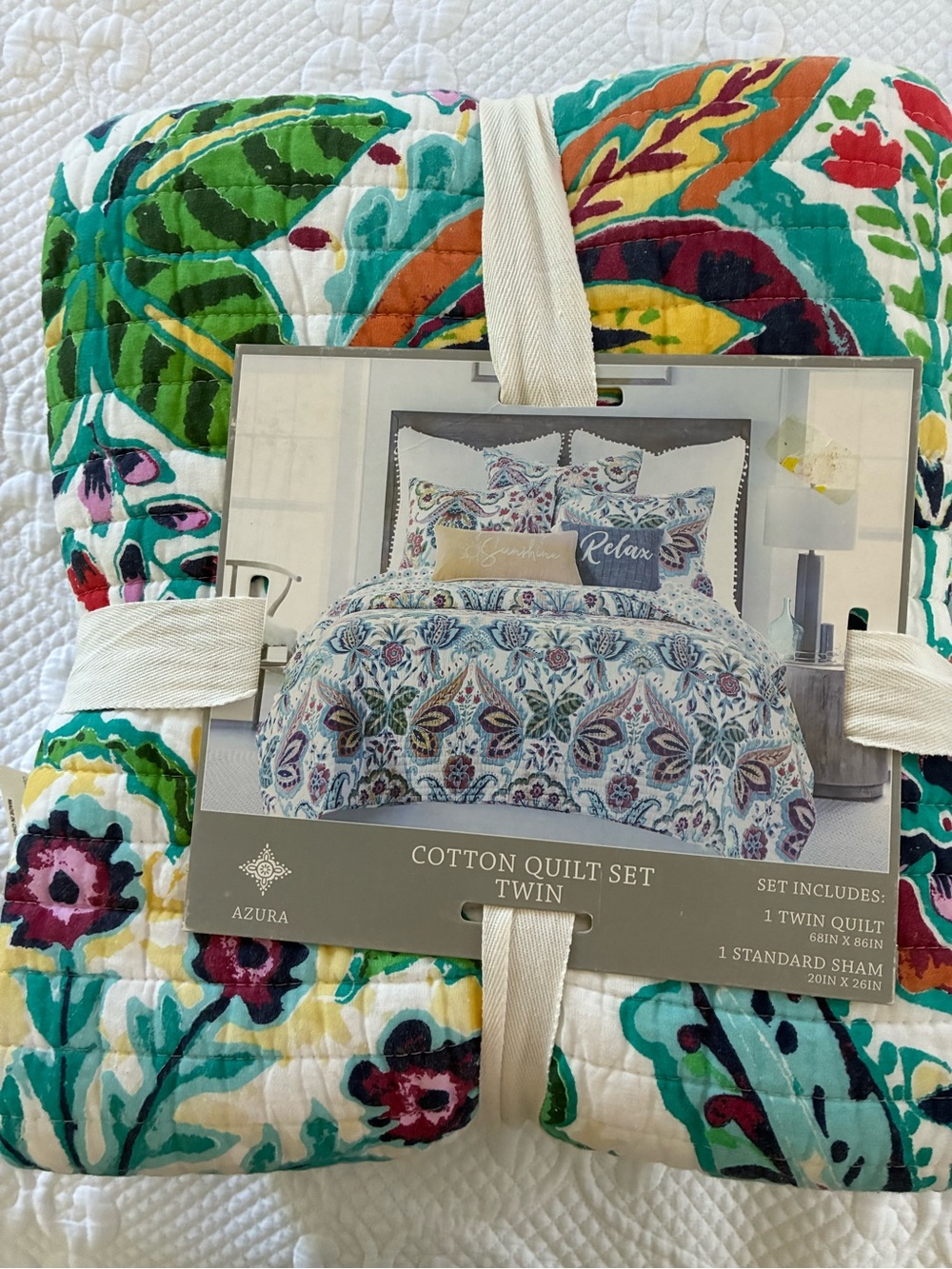 Azura Cotton Twin Quilt Set in Teal, Green, Yellow and Coral Floral